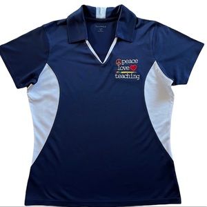 SPORT TECH “PEACE, LOVE, TEACHING”VNECK TEACHER SZ SMALL POLO SHIRT NAVY WHITE